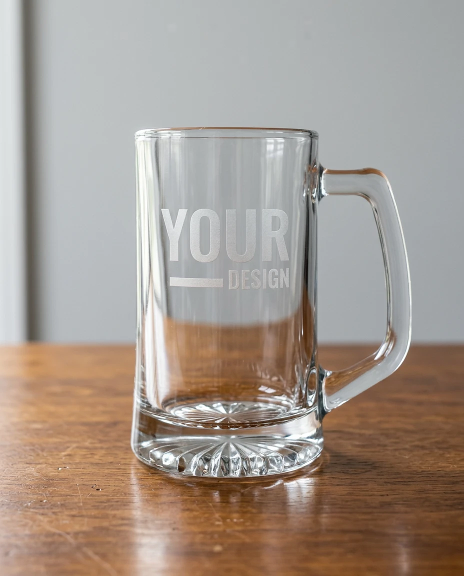 A beer mug etched with a sample design, on a wooden table