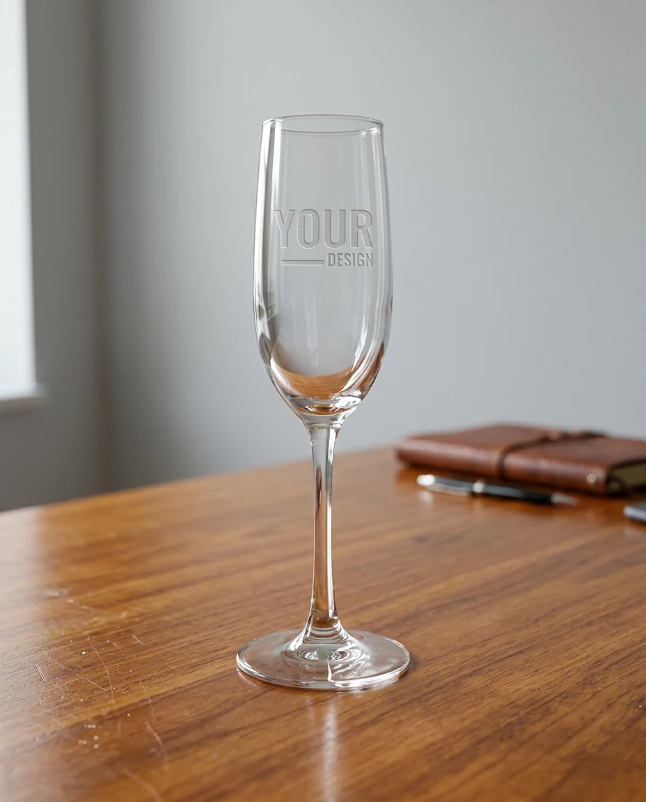 A champagne flute etched with a sample design, on a wooden table