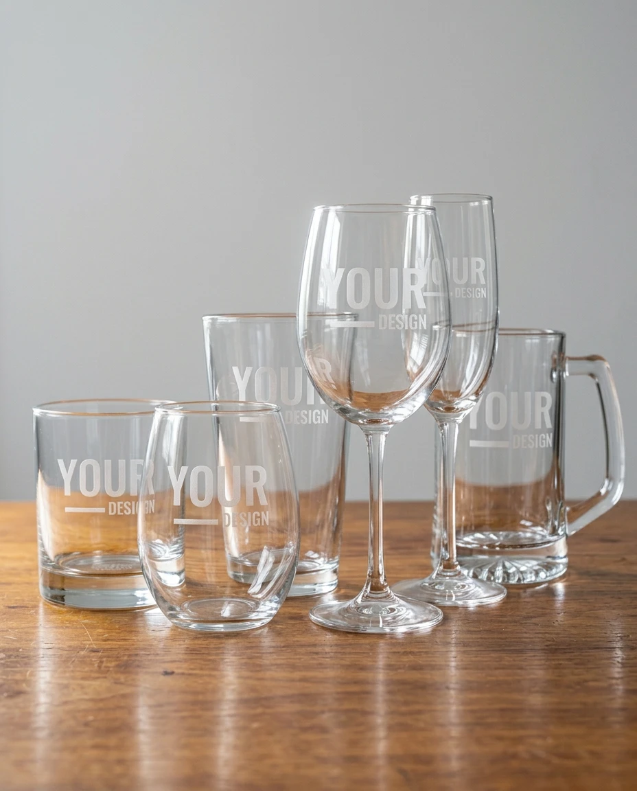 The six glasses in the catalog on a wooden table, each etched with a sample design