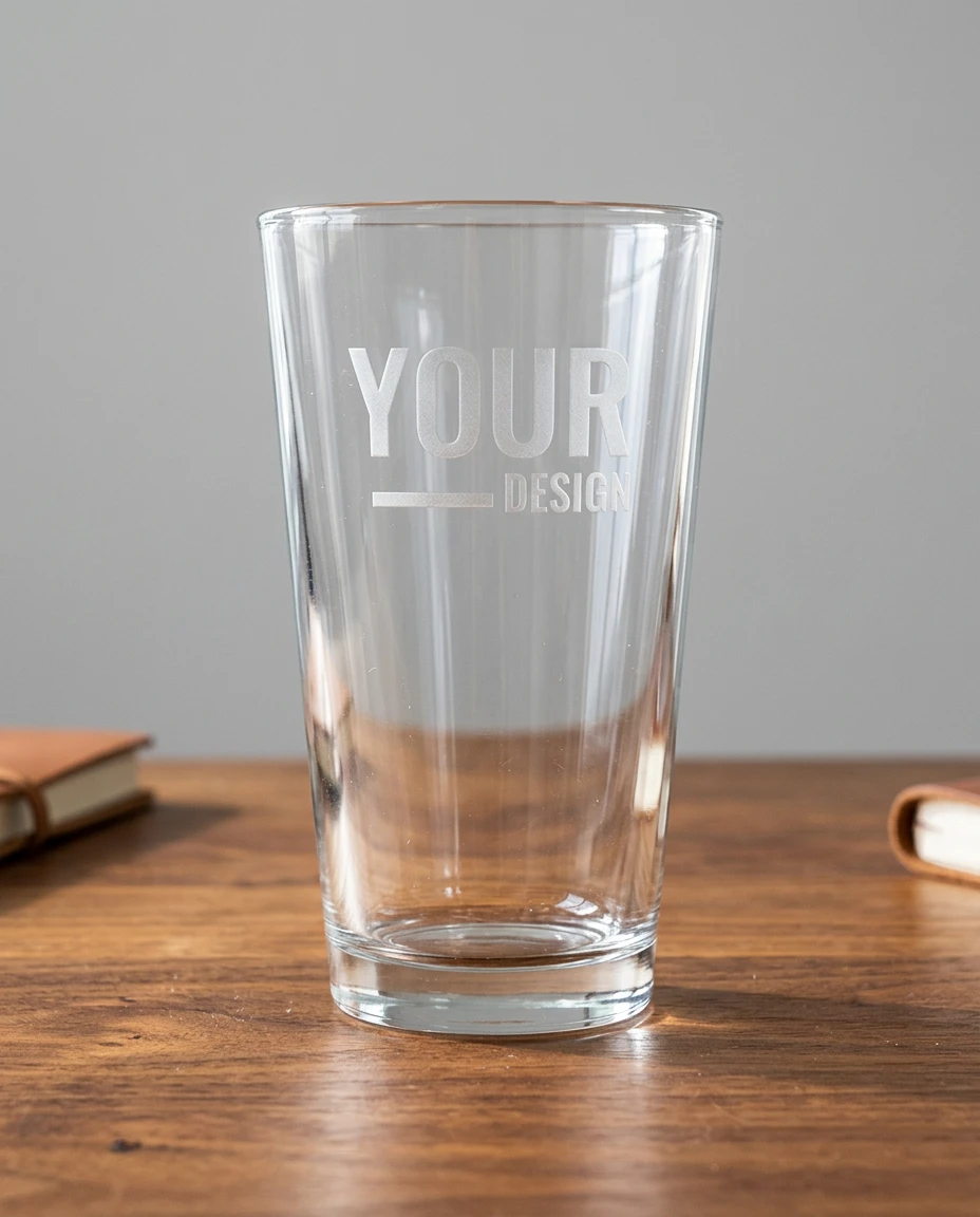 A pint glass etched with a sample design, on a wooden table