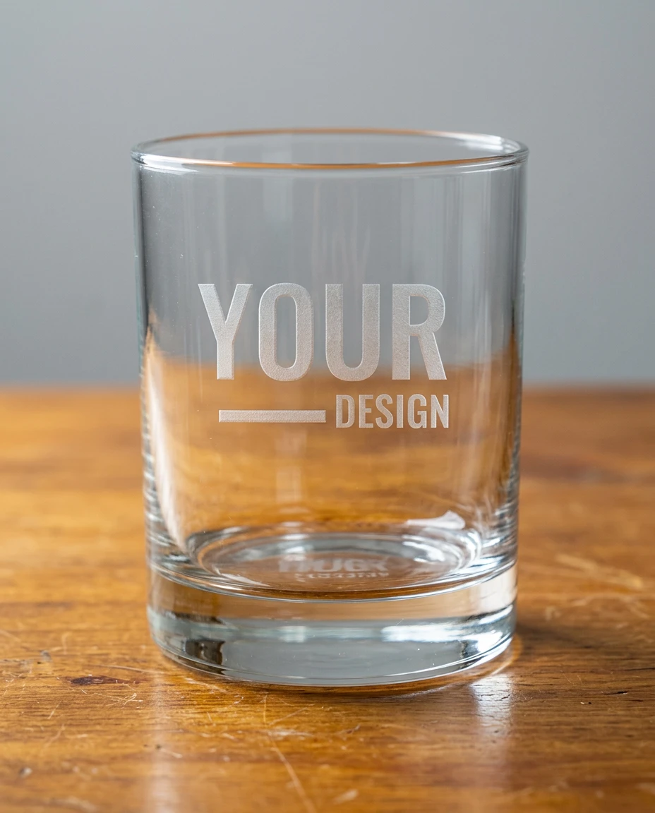 A rocks glass etched with a sample design, on a wooden table