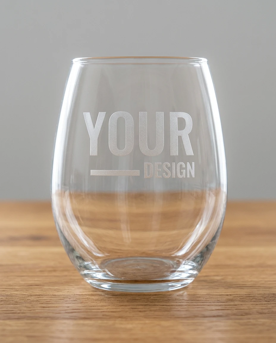 A stemless wine etched with a sample design, on a wooden table